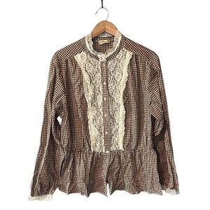 Illusions of California x Vintage 1970s Brown Gingham Lace Prairie Blouse